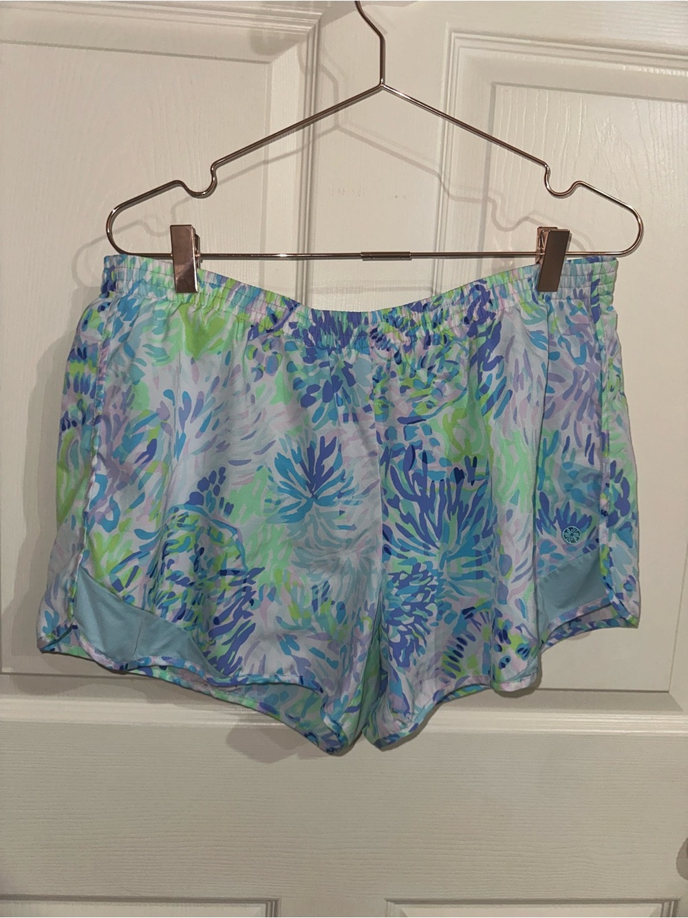 Lilly Pulitzer Luxletic Blue, Green & Lavender Floral lined Athletic Shorts XL